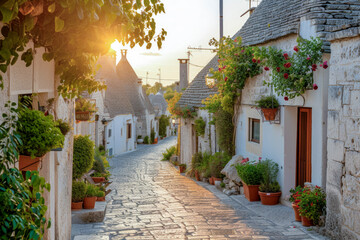 Fototapeta premium A picturesque, sunlit street with traditional white trulli houses and vibrant flowers in Alberobello, Italy, during golden hour
