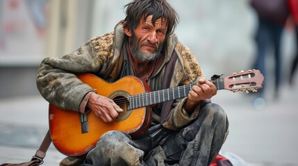 An old, rugged man plays the guitar on a city street, his face showing years of life's challenges, surrounded by urban decay.
