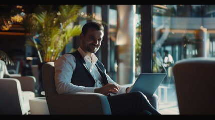 Smiling businessman sitting in office lobby working on laptop Male business professional working in...