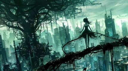 Fototapeta premium AnimeManga of a tree nymph, protector of woodlands, set against a backdrop of futuristic cityscapes, illustrated with a sharp, highdefinition anime style