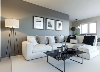 Modern living room interior with a white sofa and black table, decorated in a gray color scheme