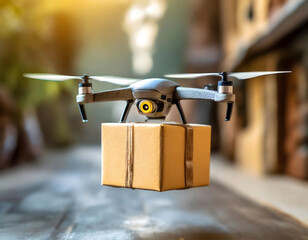 Drone flies and carries a cardboard box. Transportation of cargo ships of the future. City parcel delivery.