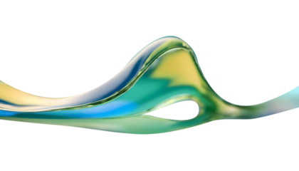 Abstract liquid glass shape with colorful reflections. Ribbon of curved water with glossy color wavy fluid motion. Chromatic dispersion flying and thin film spectral effect.