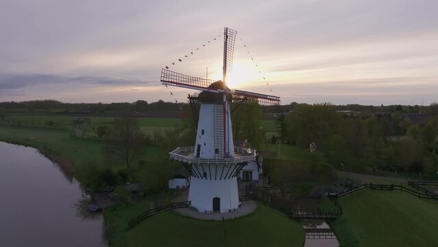 Aerial view of Windmill de Vlinder, River Linge at Sunrise, Deil, Gelderland, Netherlands.