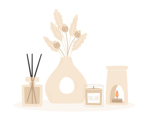 Aromatherapy and relaxation as interior decor in flat style