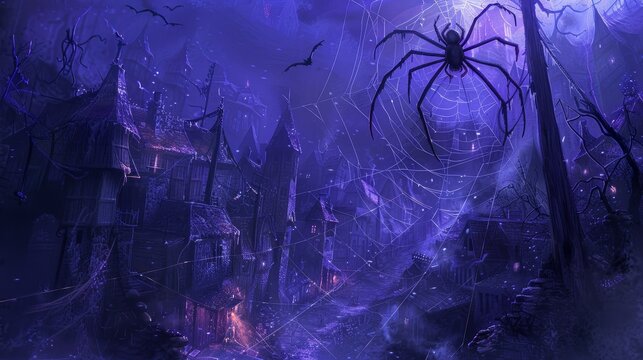 Digital Painting of Arachne, the cursed spider from Greek mythology, weaving her intricate web in a haunted ghost town, depicted in an ethereal, highdefinition style