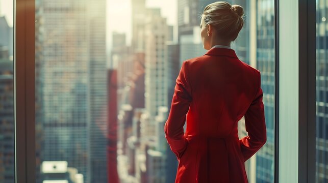 Successful Thoughtful Caucasian Businesswoman Wearing Perfect Red Suit Standing in Office Looking out of Window on Big City Confident Female Corporate CEO Managing Company Investment S : Generative AI