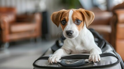 Adorable puppy travels  dog vacation at airport with suitcase, plane in background