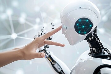 Robot and human hands touching on data network connection background for technology concept