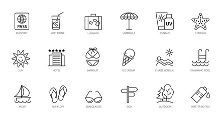 Summer, vacation, beach elements - minimal stroke line web icons set. Outline icons collection. Simple vector illustration.