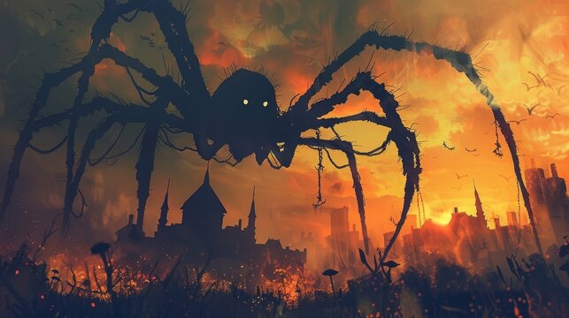 Noisefree silhouette of Arachne in a fantasy art scene, her monstrous form looming over a cursed landscape, ideal for a mythical tales illustration