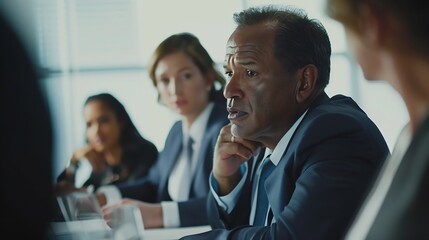 Obraz premium Male mature caucasian ceo businessman leader with diverse coworkers team executive managers group at meeting Multicultural professional businesspeople working together on research plan : Generative AI