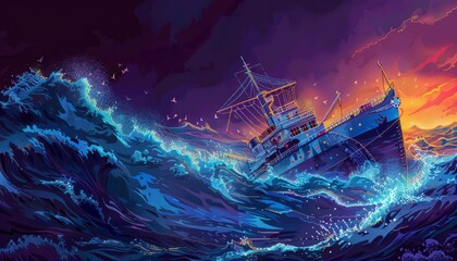 Dramatic illustration of a ship battling a stormy sea at sunset, showcasing turbulent waves and intense weather. Perfect for maritime themes.