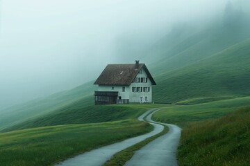 A house in the middle of green grassy hills and foggy weather