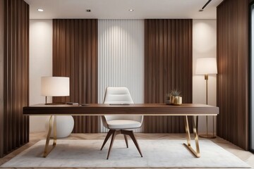 Modern Walnut Bronze And Frosty White Study Room Design With Wide Fluted Wall Backdrop