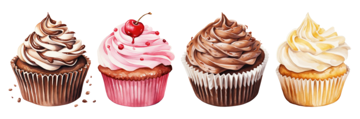 Watercolor of cupcake png element set on transparent background