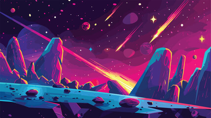 Alien planet surface with neon color stones and meteor