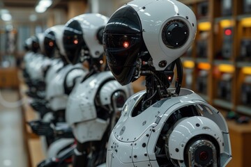 Fototapeta premium Row of robot heads in warehouse