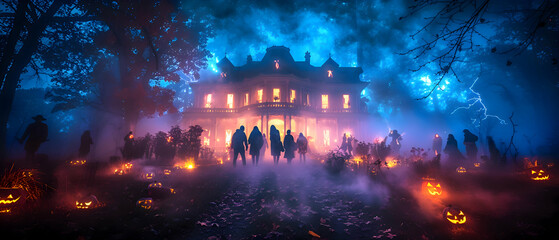 Obraz premium A Halloween party with phantom-themed decorations and guests reacting to the spooky atmosphere