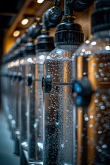 Row of water bottles in an industrial setting