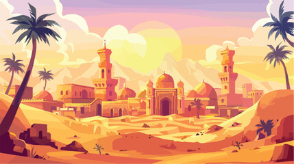 Ancient arab city in desert at sunset of four . vector