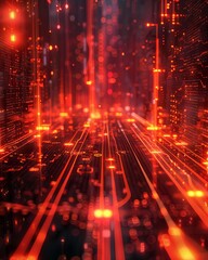 Obraz premium Futuristic digital circuit with glowing orange lights, illustrating advanced technology and innovation in a virtual environment.