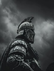 grayscale cinematic shot closeup of an ancient warrior standing firm facing a storm, moody