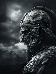 grayscale cinematic shot closeup of an ancient warrior standing firm facing a storm, moody