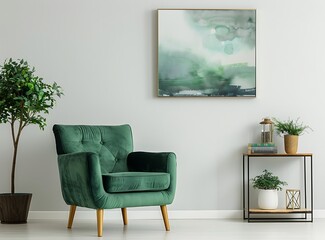 Modern living room interior with green armchair, white wall and painting on it, shelf with decor elements and small tree in pot near the chair, copy space for text stock photo contest winner,