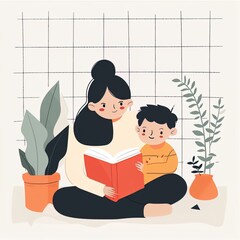 Simple illustration of mom and son reading a book, cute, happy, organic, simple lines, simple color blocks