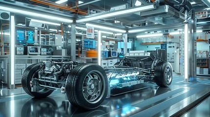 Realism Digital Painting of a hydrogen fuel cell vehicle showing detailed interior mechanics and exterior design