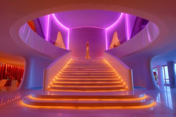 A colorful staircase with a red carpet leading up to it