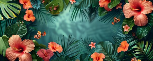 Abstract background with vines and tropical flowers. Copy space. Banner