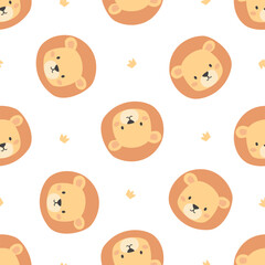 Cute lion faces and a crown. Vector Pattern on white background for printing on children's products. Vector illustration