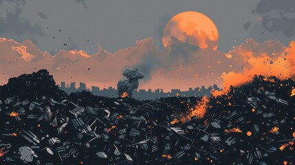Apocalyptic Landscape with Moon and Burning Debris