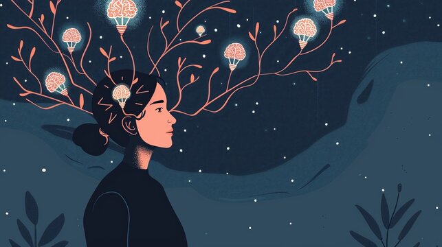 Conceptual Art of a Woman's Brain Rewiring with Glowing Neurons