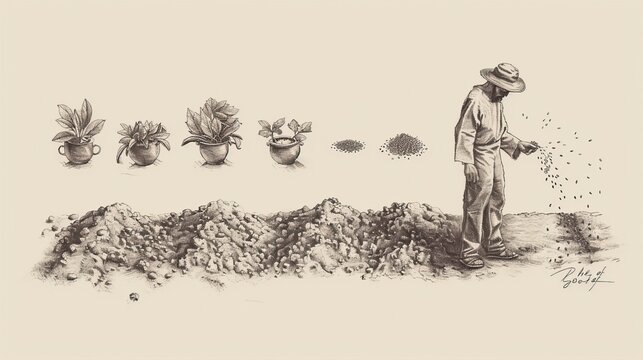 The Sower's Parable: Farmer Spreading Seeds in Various Soils - Biblical Watercolor Illustration