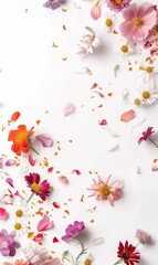 Scattered spring flowers on white background