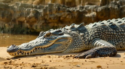 Fototapeta premium Tranquil crocodile leisurely basking by the serene riverbank, creating a peaceful scene