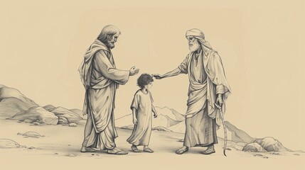 Obraz premium Abraham’s Test of Faith: Preparing to Sacrifice Isaac - Biblical Watercolor Illustration