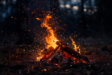 Burning campfire on a dark night in a forest. The bonfire burns amidst the trees, creating a beautiful landscape of nature. Sparks and flames dance in the autumn air during a vacation in the mountains