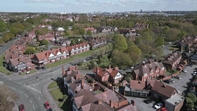 Aerial view of residential houses in model English village of Port Sunlight, Wirral, England