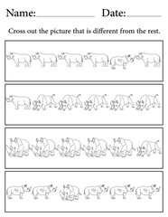 Rhino Puzzle. Printable Activity Page for Kids. Educational Resources for School for Kids. Kids Activity Worksheet. Find the Different Object