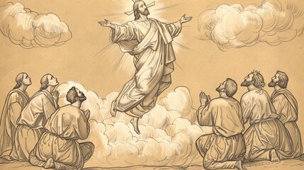 Jesus Ascending into the Clouds with Disciples in Awe - Biblical Watercolor Illustration
