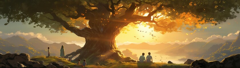 Beautiful sunset over a giant ancient tree, with people admiring the view and a serene landscape in the background.