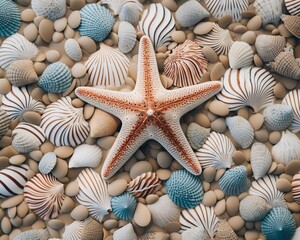 Beautiful starfish surrounded by a variety of seashells and pebbles on a beach, showcasing nature's intricate patterns and colors.