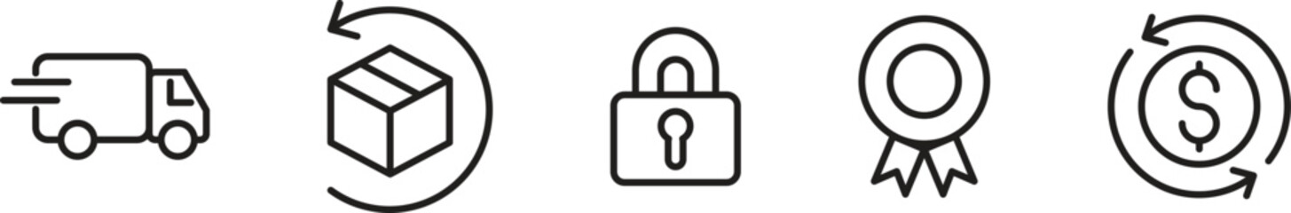 E-commerce security badges risk-free shopping icons set. Express Shipping, Supply and more. Editable Stroke