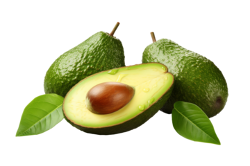 A Delicate Dance: Avocados and Leaves Waltzing on a White Canvas on a Clear PNG or White Background.