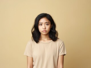 Beige background sad Asian Woman Portrait of young beautiful bad mood expression Woman Isolated on Background depression anxiety fear burn out health issue problem mental 
