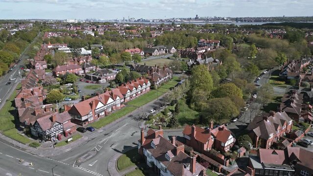 Aerial view of residential houses in model English village of Port Sunlight, Wirral, England